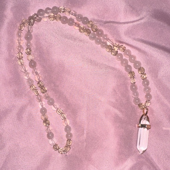 RosƩ Champagne Necklace (Rose Quartz, Cream Crystal and Clear Quartz Pendant) - Picture 3 of 6